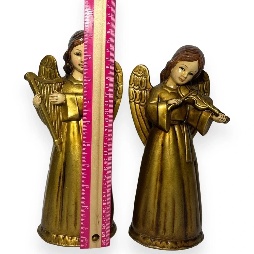 Brinns Christmas Angel Pair Figurine Choir Harp Violin Music Antique Gold Patina